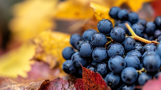 Luscious bunch of dark blue grapes resting on autumn leaves in a cozy outdoor setting : Generative AI