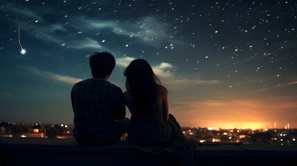 Loving couple sitting together on a rooftop taking in the enchanting sight of a starry night sky above the cityscape surrounded by a soft romantic glow of lighting that creates a serene