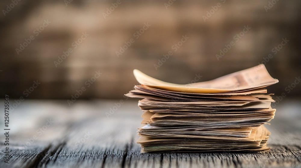 Poster Stack of Vintage Papers on Rustic Wooden Table for Nostalgic Effect : Generative AI