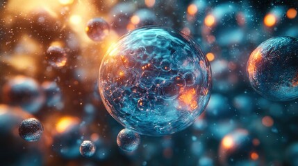 Colorful, digitally rendered microscopic view of viruses and DNA strands,