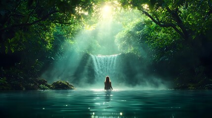 Obraz premium Enchanting Waterfall Flowing Through Lush Green Forest Landscape with Misty Atmosphere Creating a Serene and Magical Ambiance