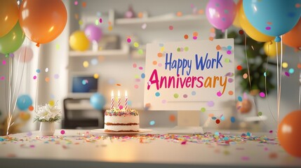 Festive office scene with cake, balloons, and confetti, celebrating a happy work anniversary, symbolizing team spirit. Great for corporate culture and employee appreciation.