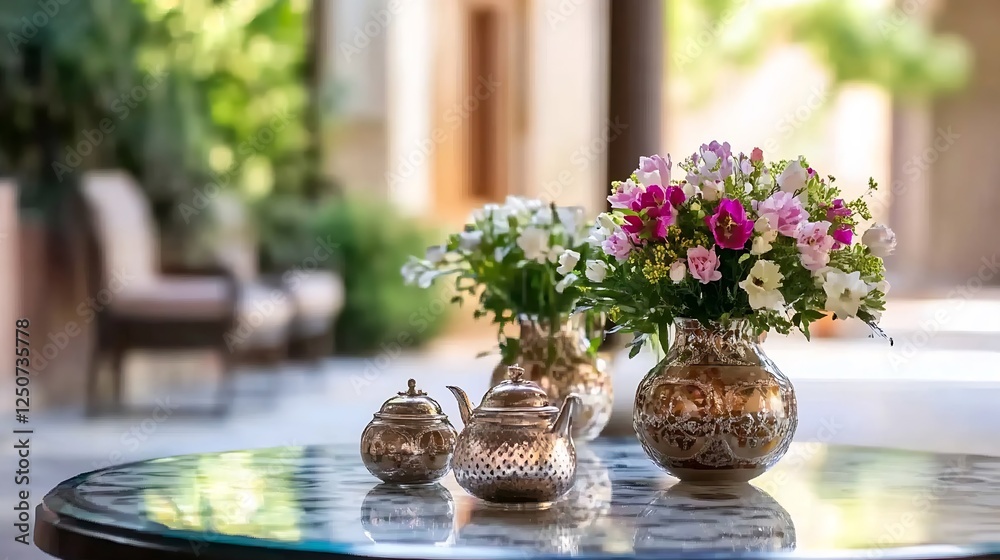 Poster gorgeous tea set and fresh flowers on elegant tabletop displaying a cozy and welcoming vibe : genera