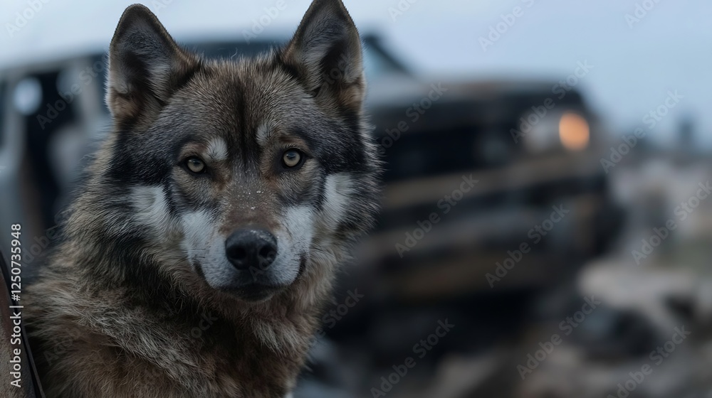 Poster regal wolf staring intently with wild eyes in unnatural background with abandoned vehicle : generati