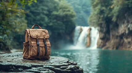 Fototapeta premium Captivating Turquoise Waterfall Cascading Through Verdant Jungle Landscape With Backpack Resting On Rocks In Foreground Scenic Natural Environment