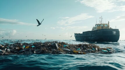 Fototapeta premium Ocean pollution with plastic waste and abandoned ship, seagulls fly over