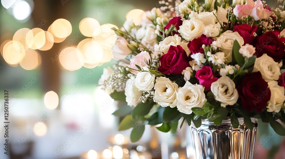 Poster beautiful rose and white floral arrangement with soft lights creating a romantic atmosphere indoors 
