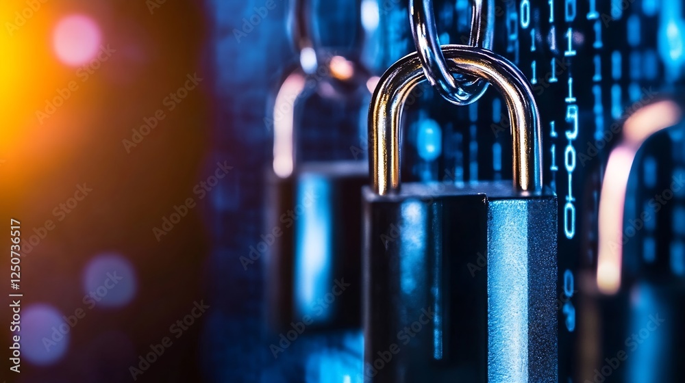Poster High security digital padlock on a computer network background illustrates data protection and privacy : Generative AI