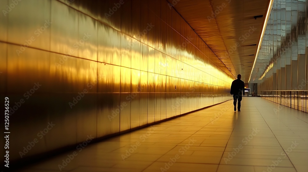 Poster solitary figure walking down a passage with reflective walls and vibrant sunset light shining throug