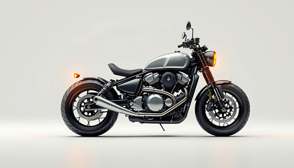 Fototapeta premium Sleek Silver Motorcycle: A Modern Classic Bobber Design