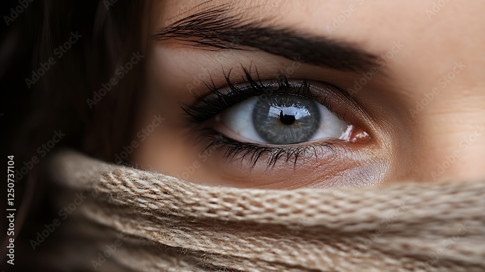 Aufkleber close up of a woman's eye with a brown background and fabric covering the lower face : generative ai