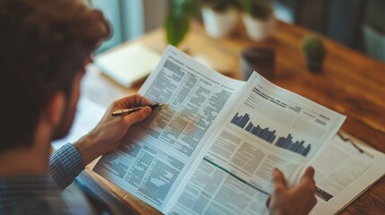 Individual analyzes finance news and investment trends while seated at a wooden table
