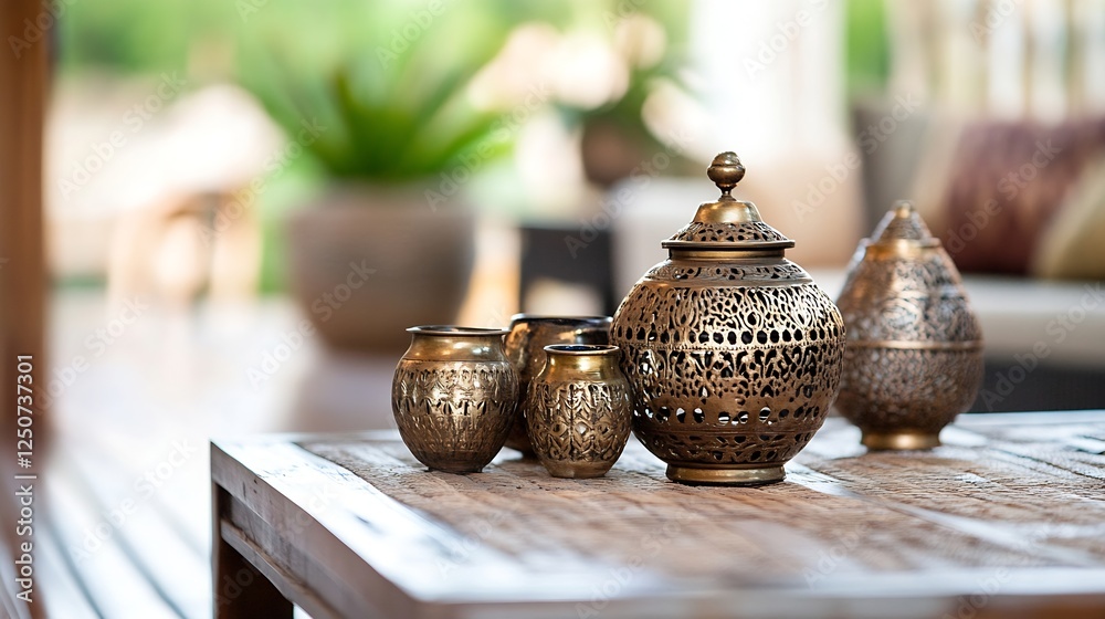 Poster Elegant collection of antique brass containers displayed on a wooden table in a serene environment : Generative AI