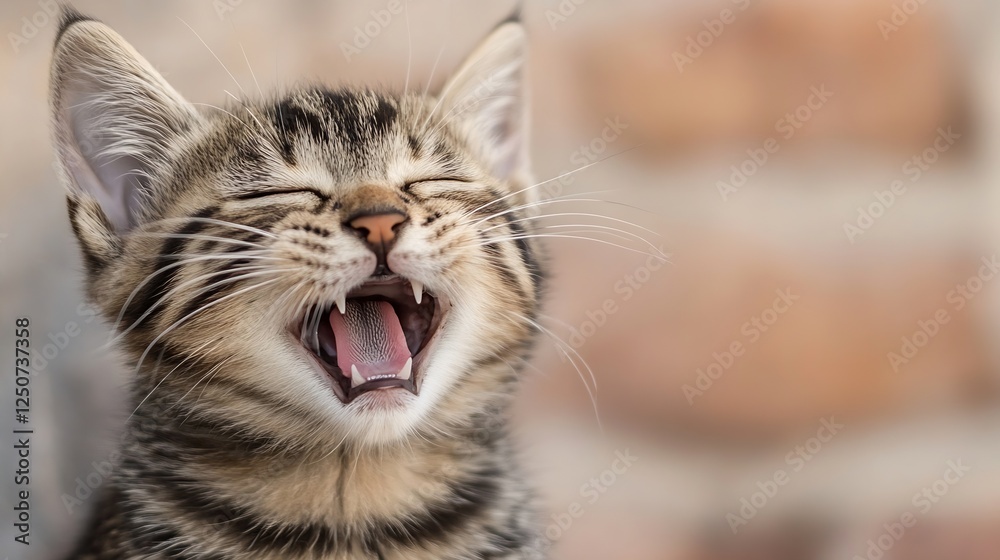 Poster Adorable kitten with a joyful expression yawning with its mouth wide open against a soft background : Generative AI