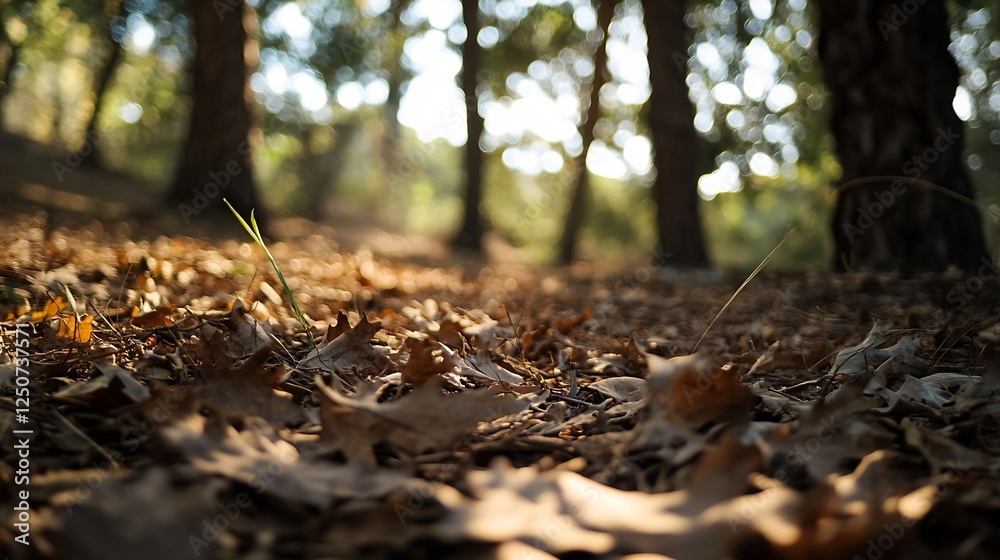 Poster Ground level view of dried leaves scattered on the forest floor with warm sunlight filtering through trees : Generative AI