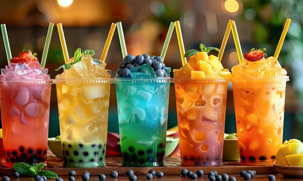 Colorful fruit bubble teas cafe drinks