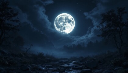 Full Moon Over Dark Forest Path at Night with Eerie Atmosphere