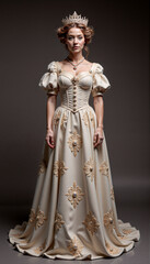 Woman in a cream royal gown with floral details, ideal for blogs, costume inspiration, or regal-themed designs