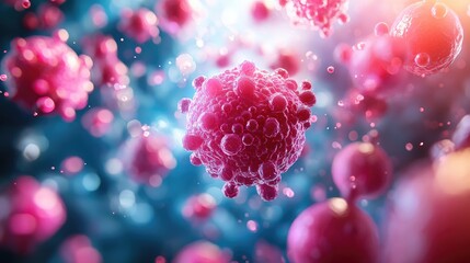 Colorful, digitally rendered microscopic view of viruses and DNA strands,