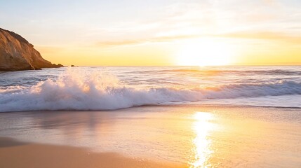 Fototapeta premium Beautiful beach scene with golden sunrise over the ocean waves creating a peaceful atmosphere : Generative AI
