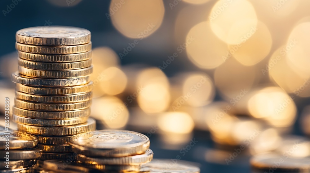 Poster Stacks of shiny gold coins creating a dazzling bokeh effect in the background : Generative AI