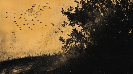Golden Hour Nature Landscape with Silhouettes of Trees and Flying Insects. A Detailed and Intricate Nature Art Print with Black and Gold Hues. A Stunning Abstract Nature Art Piece for Your Home Decor.