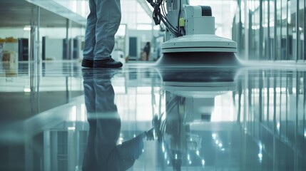 A floor cleaning machine polishes a shiny surface in a bright industrial setting, symbolizing cleanliness and efficiency. Ideal for hygiene and facility management.
