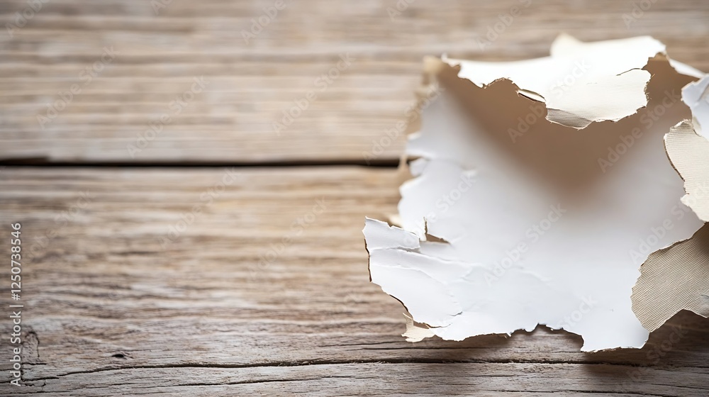 Poster Closeup of torn and crumpled white paper resting on a rustic wooden surface : Generative AI
