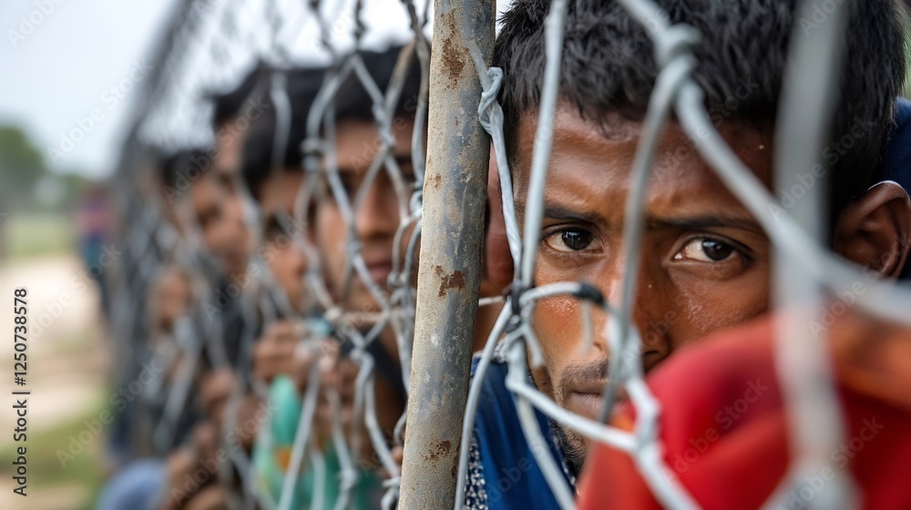 Poster intense gaze of young boy looking through the chain link fence highlighting the reality of confineme
