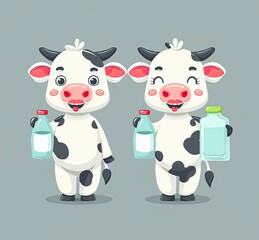 Obraz premium Two adorable cartoon cows happily holding milk bottles in cheerful poses on a grey background