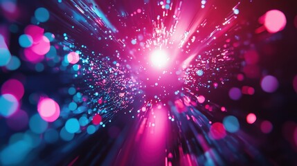 Fototapeta premium Radiant light bursts with particles and beams in purple and blue, signifying technological innovation. Ideal for tech, data, and future focused marketing.