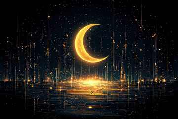 Golden crescent moon over futuristic cityscape at night reflecting in water