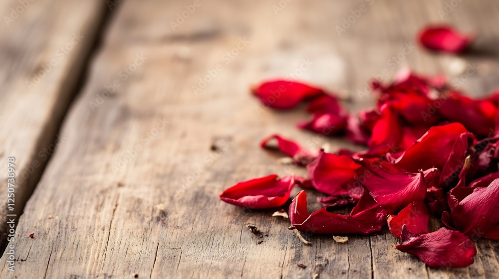 Aufkleber scattered vibrant red rose petals on a weathered wooden surface creating a romantic setting : genera