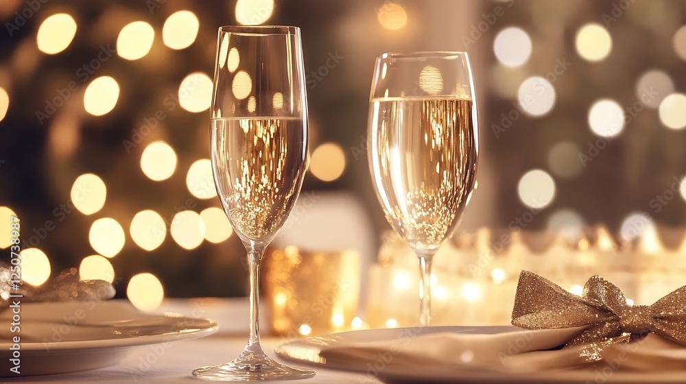 Poster an elegant celebratory scene featuring two flutes of sparkling champagne against a soft glowing back