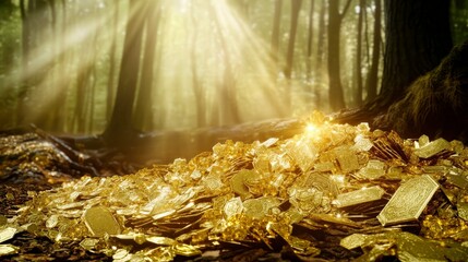 A magnificent treasure trove of golden coins nestled within a mystical forest.  A breathtaking display of wealth and wonder.  A hidden fortune awaits in this enchanted forest.