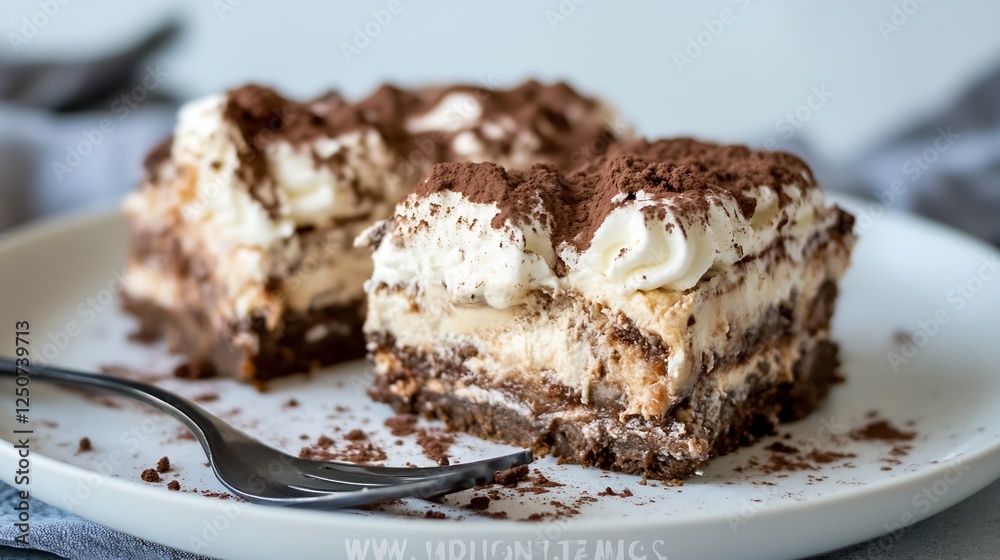Poster rich tiramisu dessert layered with cream and cocoa served on a white plate : generative ai