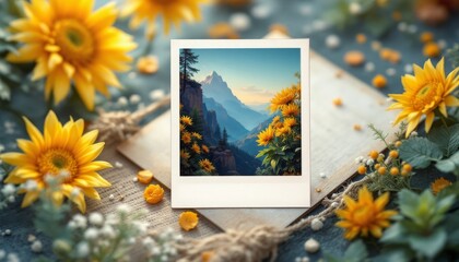 Mountain Valley Photo Surrounded by Sunflowers with Natural Floral Frame