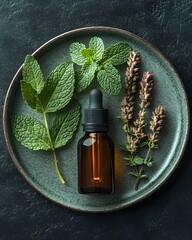 Herbal essence oil with fresh mint and savory herbs on a green plate against a dark background