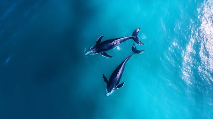 Two majestic whales swimming gracefully in crystal clear turquoise water showcasing underwater beauty : Generative AI