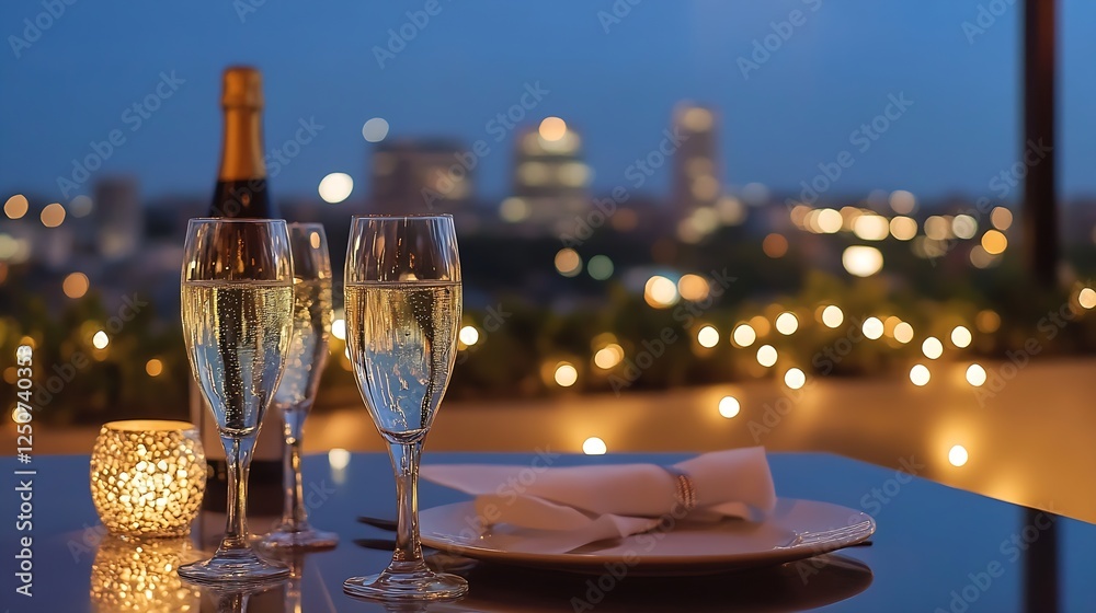 Poster Elegant table setting with sparkling champagne glasses and bottle against a twilight city skyline backdrop : Generative AI