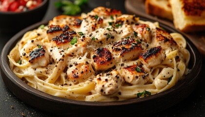 Creamy pasta with grilled chicken, parmesan, and black pepper. Perfect for restaurant menus, food blogs, or recipes showcasing delicious pasta dishes.