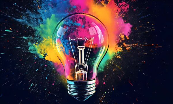 Colorful lightbulb exploding with ideas, dark background, concept art, marketing