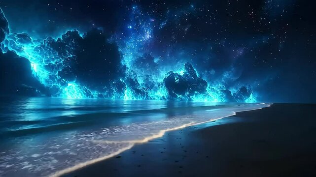 Mystical seascape: enchanting bioluminescent waves under starlit sky