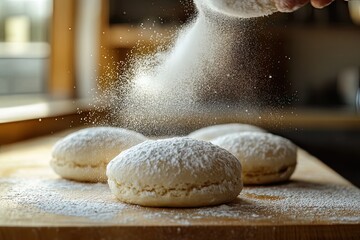  A close-up of powdered sugar being dusted onto a pączek.