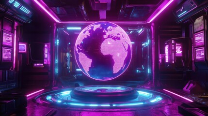 Futuristic room with holographic Earth globe.