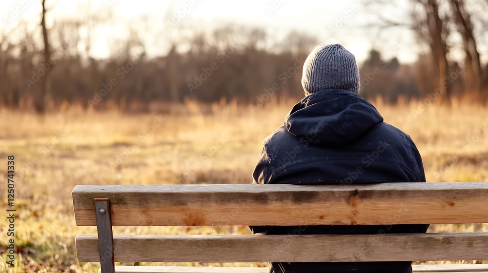 Poster Person Sitting on a Bench Reflecting on a Calm Sunset in a Field : Generative AI