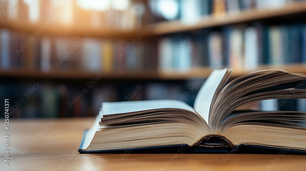 Aufkleber Open book resting on a wooden table with a soft focus library background : Generative AI