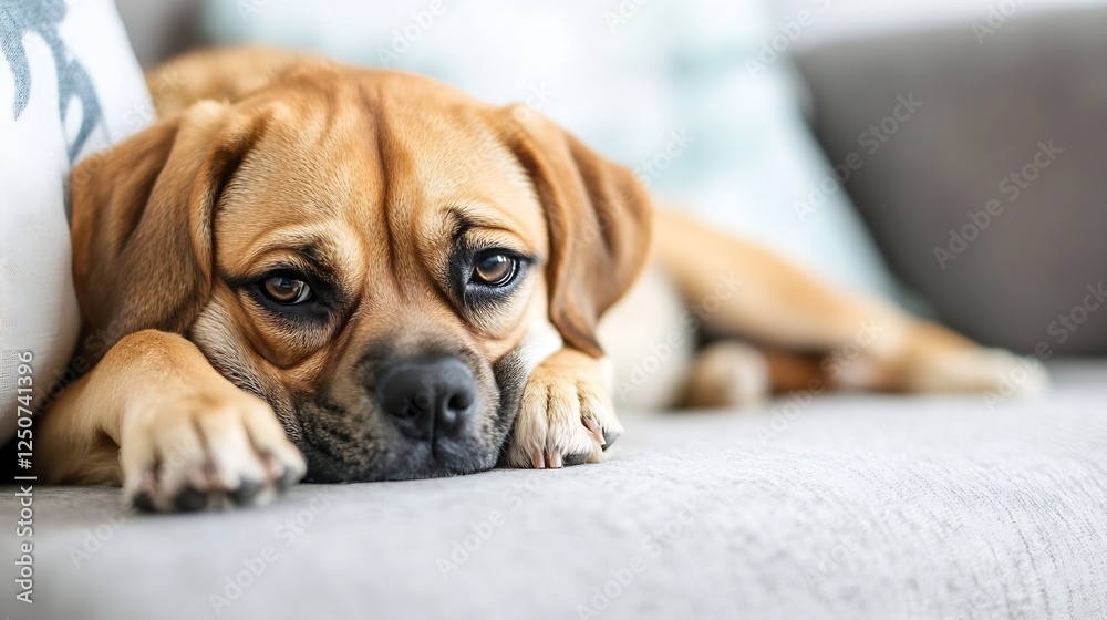 Poster closeup of a relaxed dog resting on a couch exuding comfort and warmth in a cozy home setting : gene