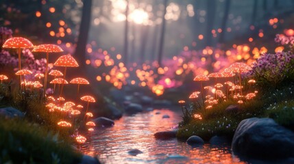 Obraz premium Magical Forest Stream with Glowing Mushrooms at Sunset, Perfect for Fantasy Art or Wallpaper