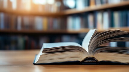 Fototapeta premium Open book resting on a wooden table with a soft focus library background : Generative AI